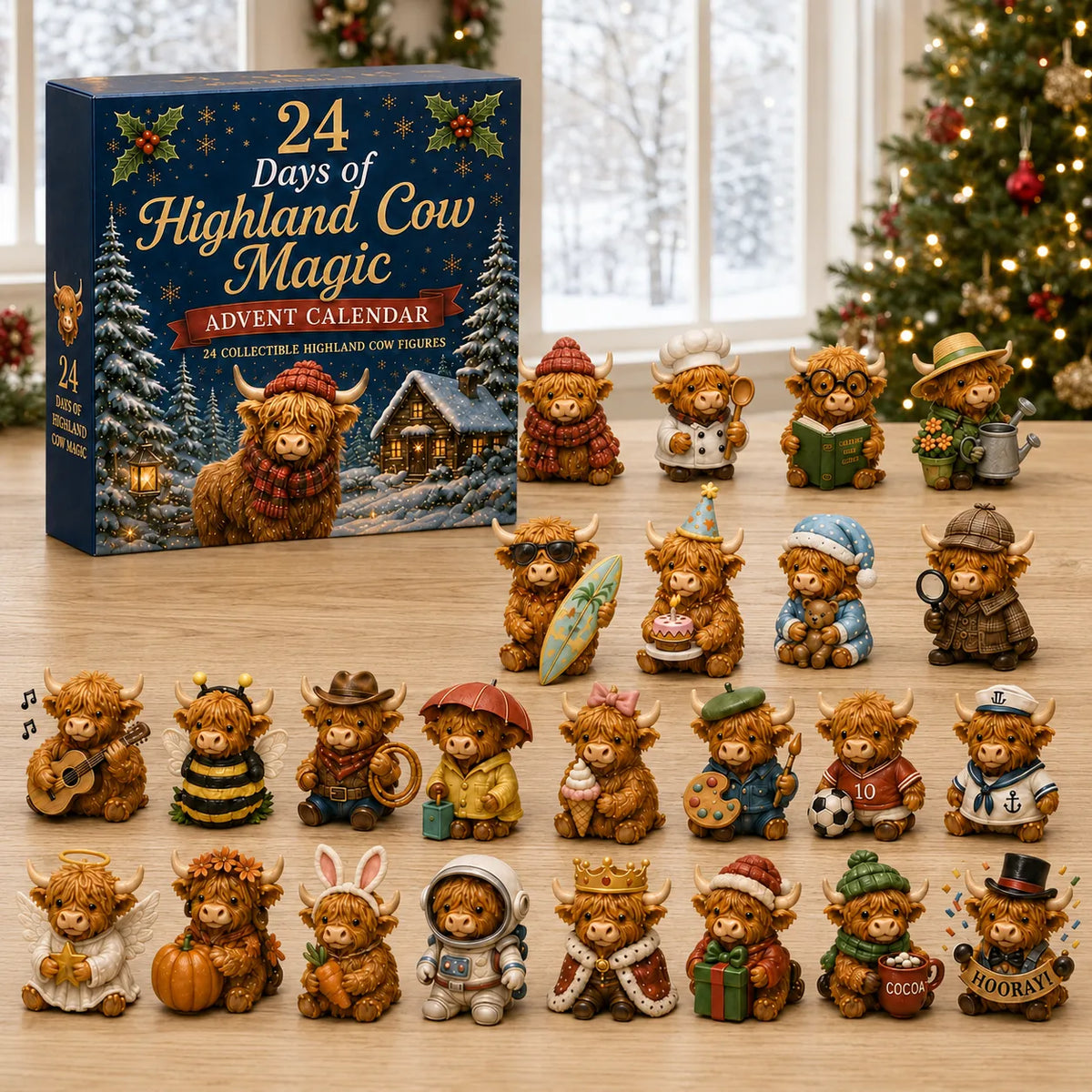 Highland Cow Advent Calendar met alle 24 Highland Cow-figuurtjes naast de verpakking