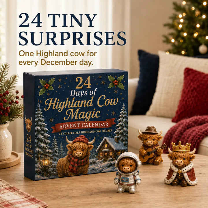 Highland Cow-adventskalender met enkele figuurtjes op tafel in een kerstinterieur