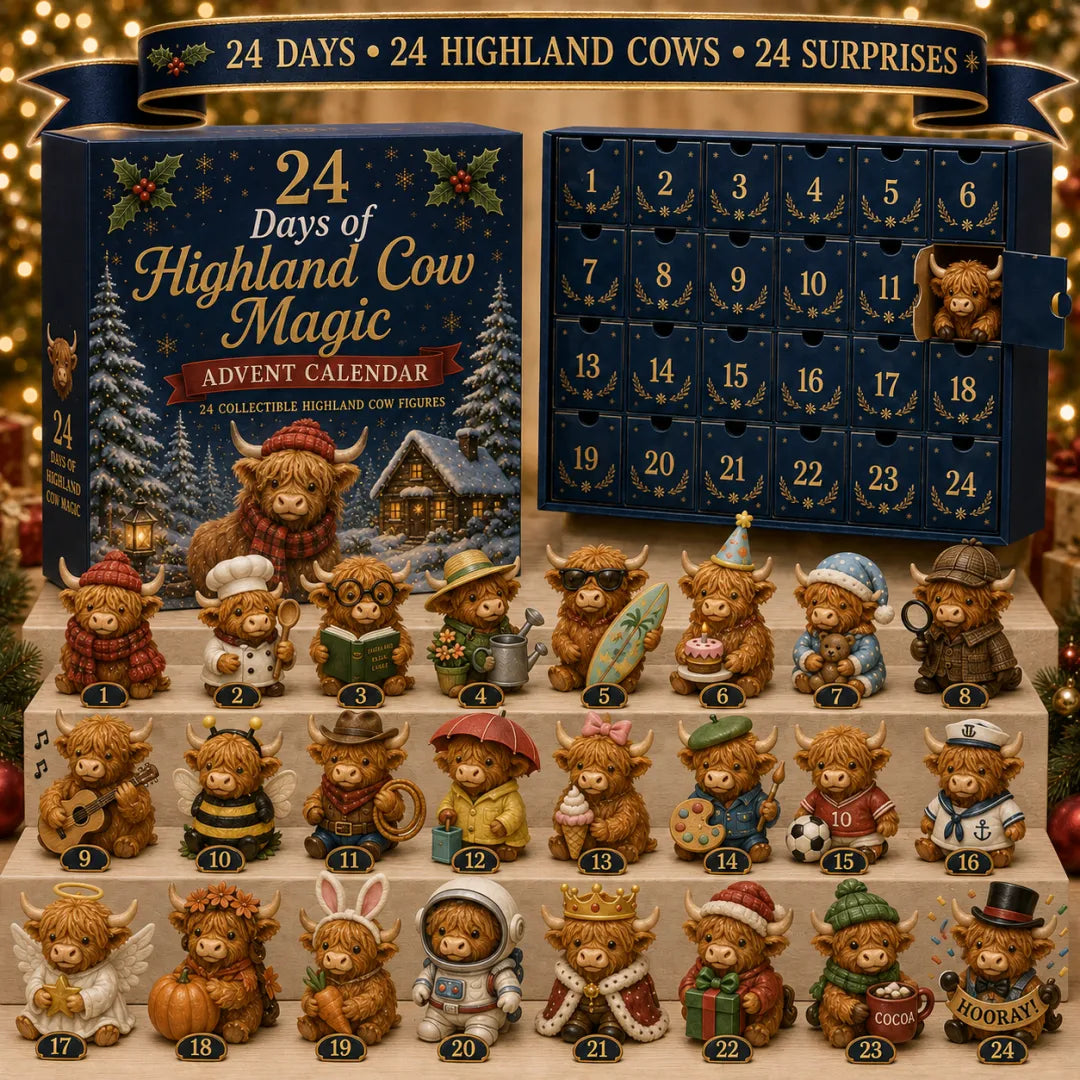 Alle 24 Highland Cow-figuurtjes genummerd op een rij naast de adventskalender