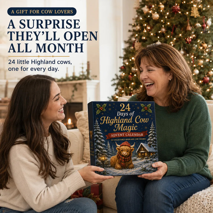 Twee vrouwen met de Highland Cow Advent Calendar als kerstcadeau op de bank