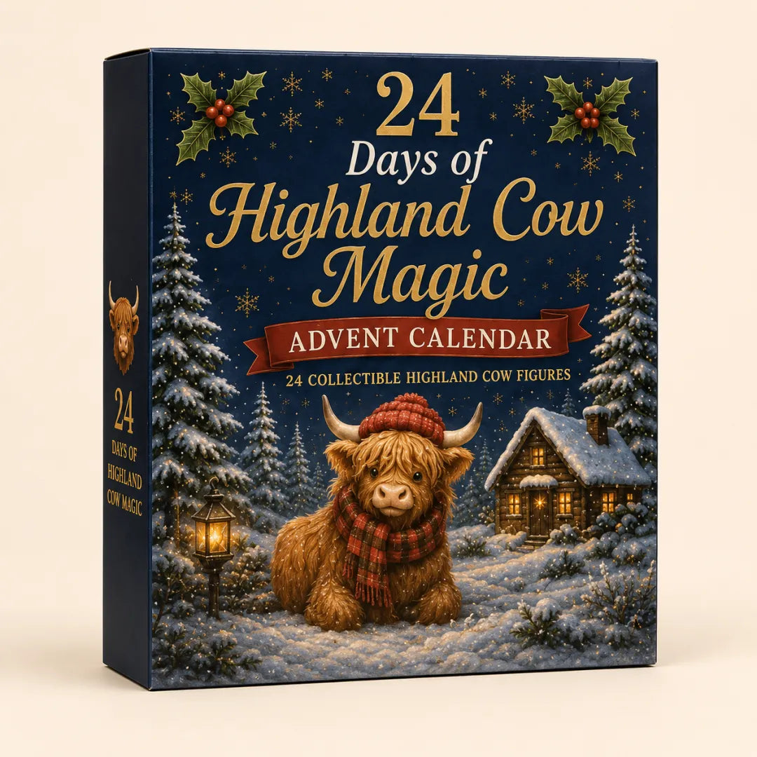 Verpakking van de Highland Cow Advent Calendar met 24 verzamelbare figuurtjes