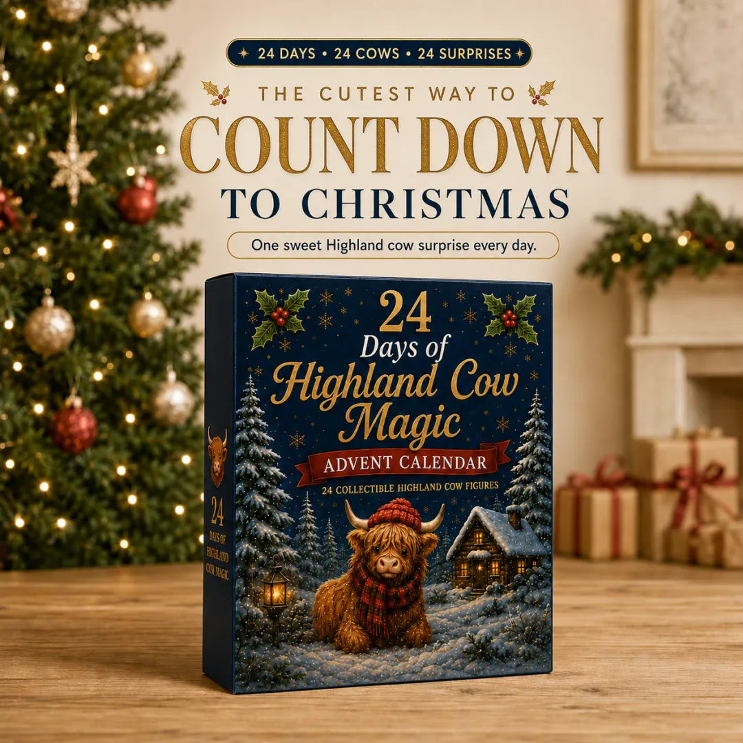 Highland Cow Advent Calendar in een kerstwoonkamer bij de kerstboom
