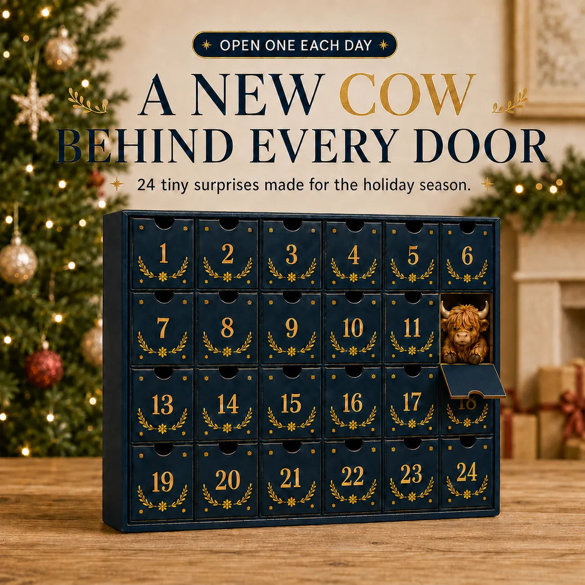 Geopend vakje van de Highland Cow-adventskalender met een figuurtje erachter